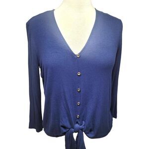 Michael Kors Ribbed Tie Front  Long Sleeve V Neck top Navy NWT